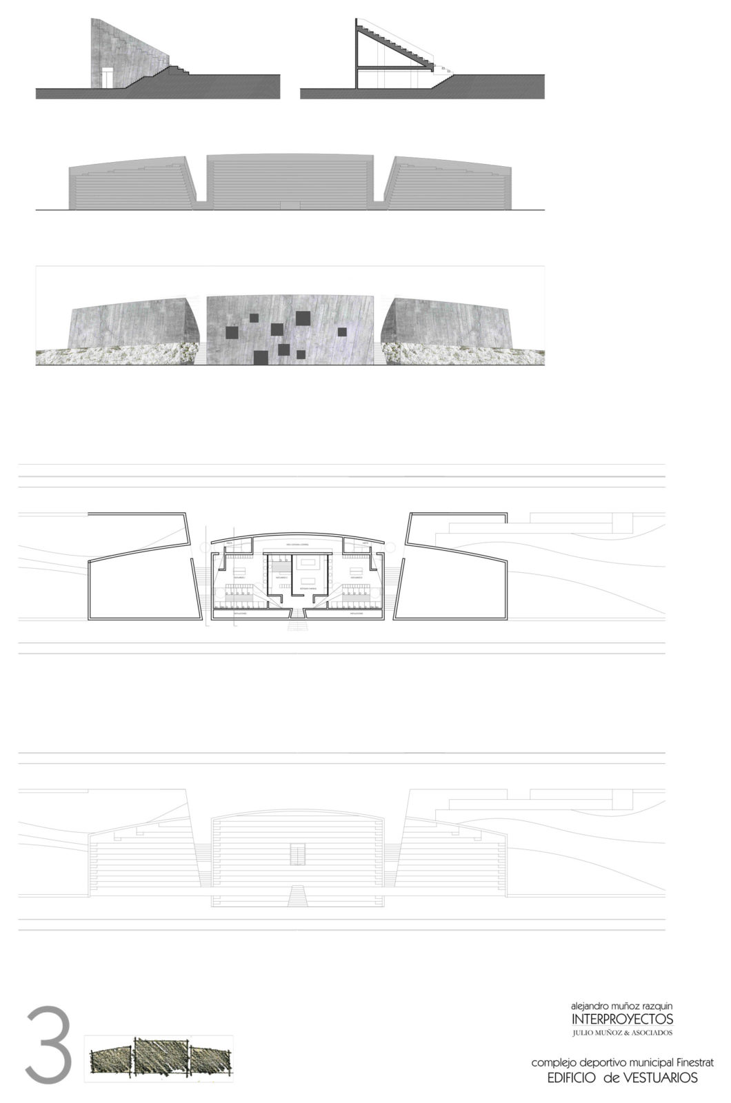 Planos técnicos de proyecto arquitectónico. Vestuarios y campo de fútbol de Finestrat